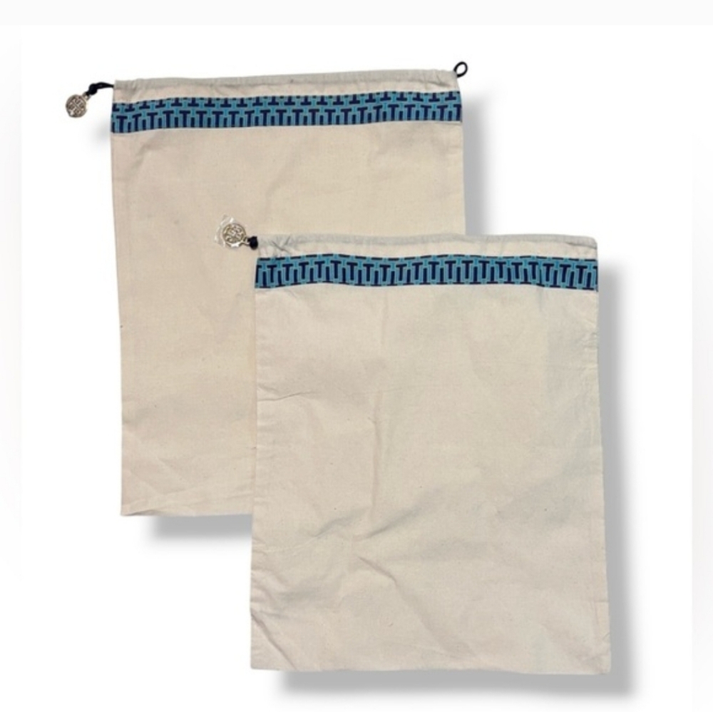 TORY BURCH Cotton Canvas Drawstring Dust Bags Blue “T” Trim Set of Two